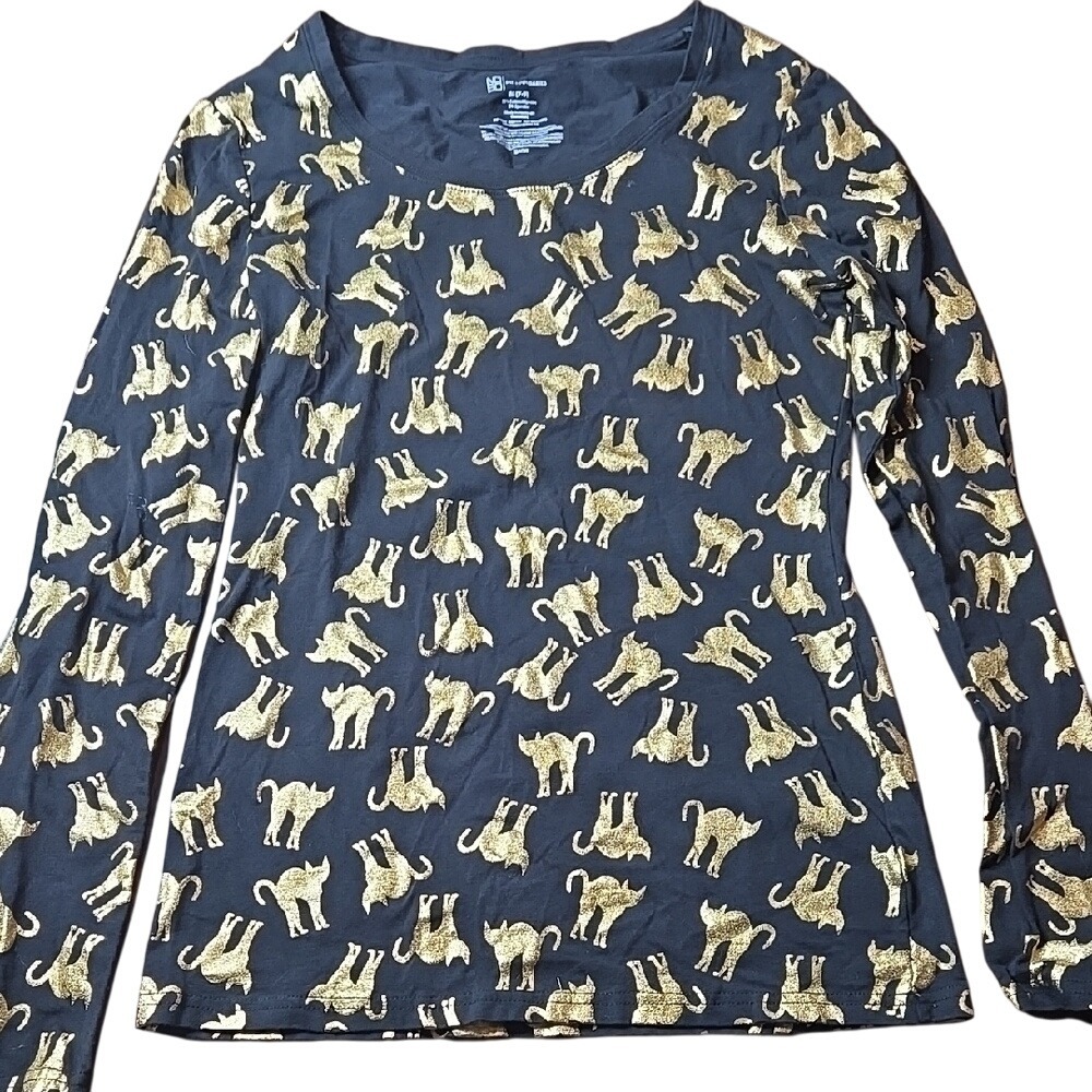 No Boundaries Gold Cat Long Sleeve Shirt, Black/Gold, Junior's Size Medium 7-9